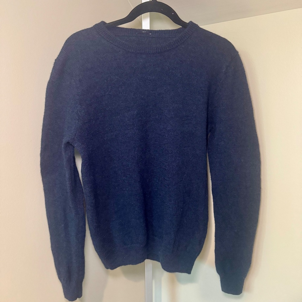 Men's Navy Wool Crewneck Sweater Elbow Patches Slim Fit J.Crew Style FA15 Med
